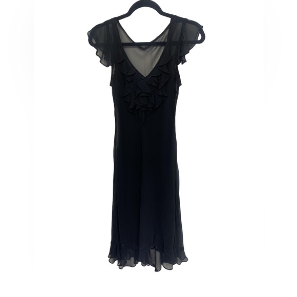 Dresses & Skirts - Mica Black Ruffled V-Neck Midi Dress - Sheer Chiffon Flutter Sleeve - 6